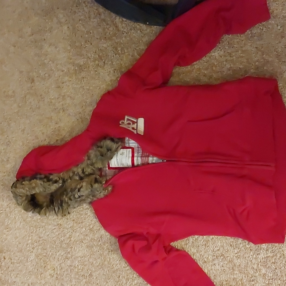 Aeropostle red zipper jacket with fur hoodie